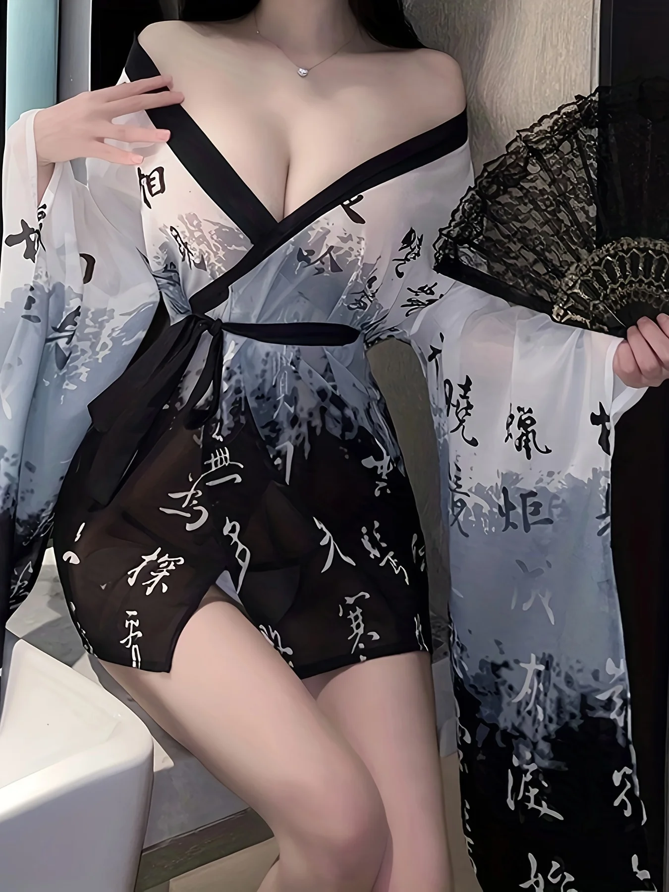 Japanese Kimono Women Sexy Lingerie Cosplay Pajamas See Through Mesh Nightgown Perspective Sleep Robe With Belt Nightwear