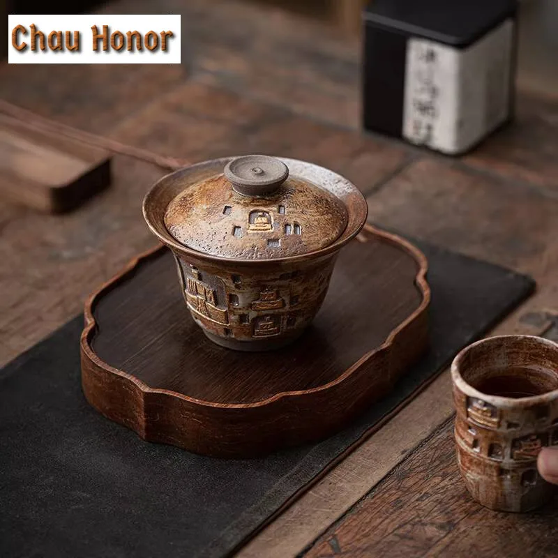 140ml Handmade Wood-fired Porcelain Gaiwan Dunhuang Frescoes Bowls Tea Tureen Tea Making Cover Bowl Cafes Supplies Ornament Gift