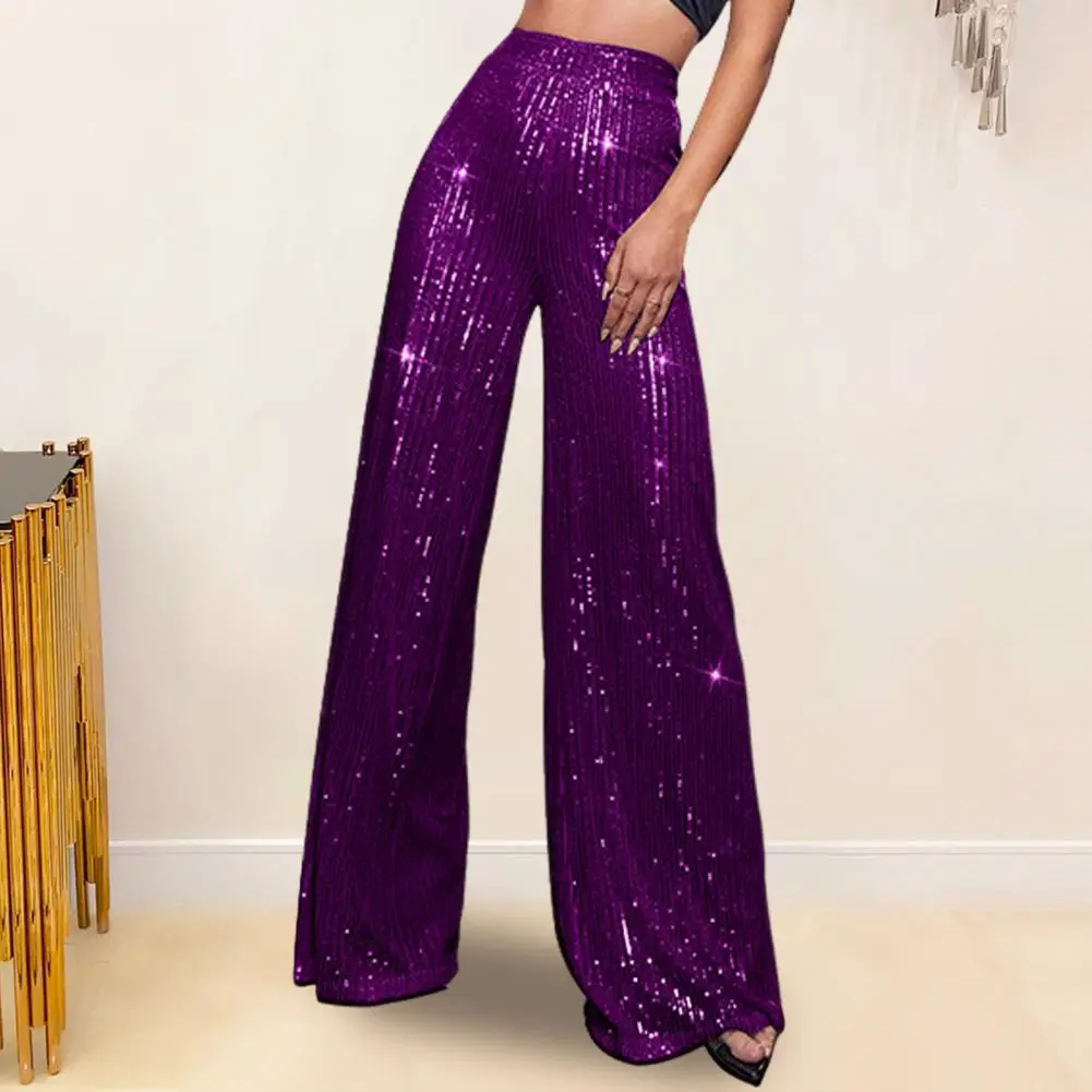 

Women Nightclub Long Pants High Waist Sparkling Sequined Straight Wide Leg Pants Elastic Waist Loose Fit Solid Color Trousers
