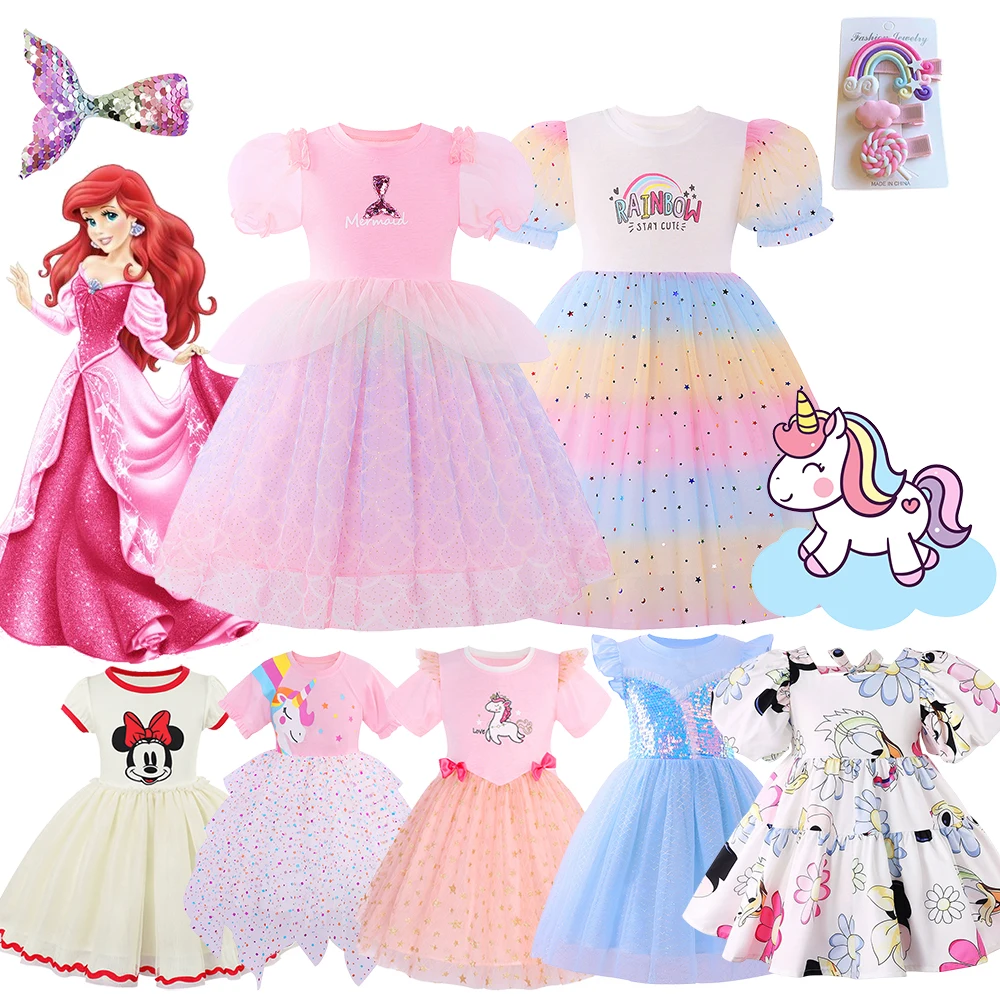 

Disney Little Mermaid Ariel Costume Kids Summer Dress Mickey Minnie Frozen Elsa Unicorn Dress Puff Sleeves Dress For Girls 2-8Y