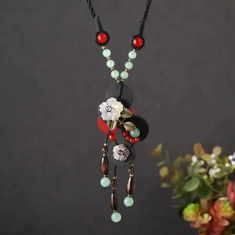 Ethnic Style Creative Turquoise Wooden Jewelry Tassel Necklace Vintage Jade Long Sweater Chain Bohemian Wooden Pendant Necklace