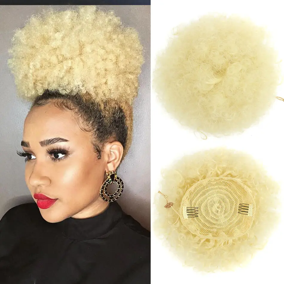 Breve Afro Puff capelli sintetici panino ricci Chignon parrucchino per donne bionde coulisse coda di cavallo crespo Updo Clip estensioni dei capelli
