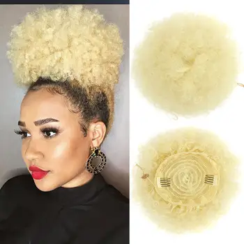 Breve Afro Puff capelli sintetici panino ricci Chignon parrucchino per donne bionde coulisse coda di cavallo crespo Updo Clip estensioni dei capelli