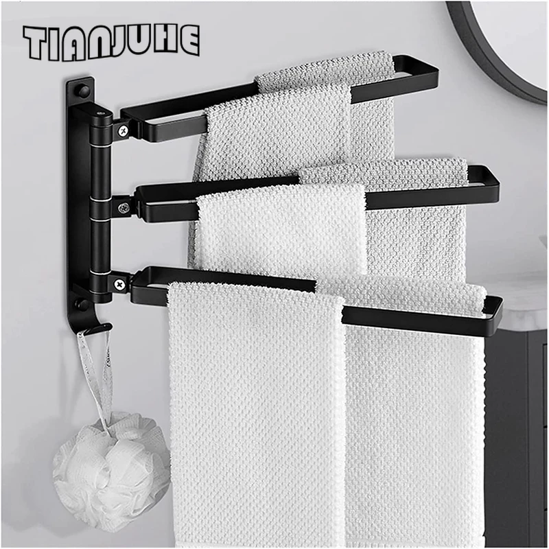 Bathroom Rotating Towel Bar Wall-Mounted Towel Rack Three-bar Folding Arm Rotating Hanger Rack Storage