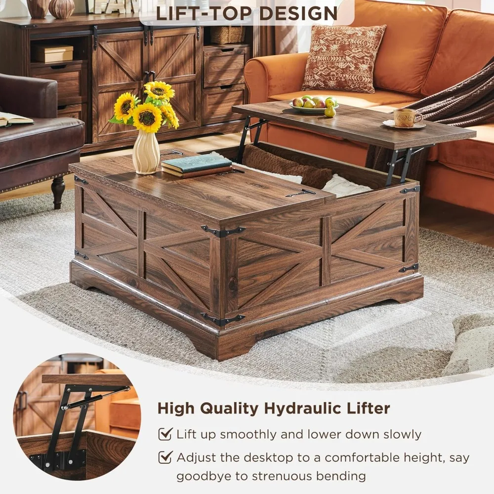 Farmhouse Lift Top Coffee Table with Storage, Wood Square Center Table with Large Hidden Compartment, Rustic Lift Tabletop 3