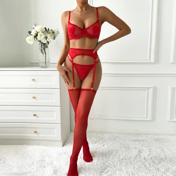 Lencería de San Valentín con corazón de amor, conjunto de ropa interior de tul con medias, lencería Sexy, traje de liga, traje elegante 4