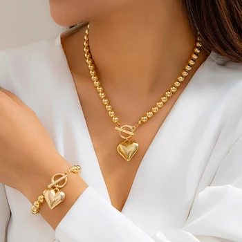 2 pçs criativo punk grande amor coração ot fivela pingente gargantilha colar feminino vintage ccb contas corrente pulseiras grunge conjunto de jóias 1