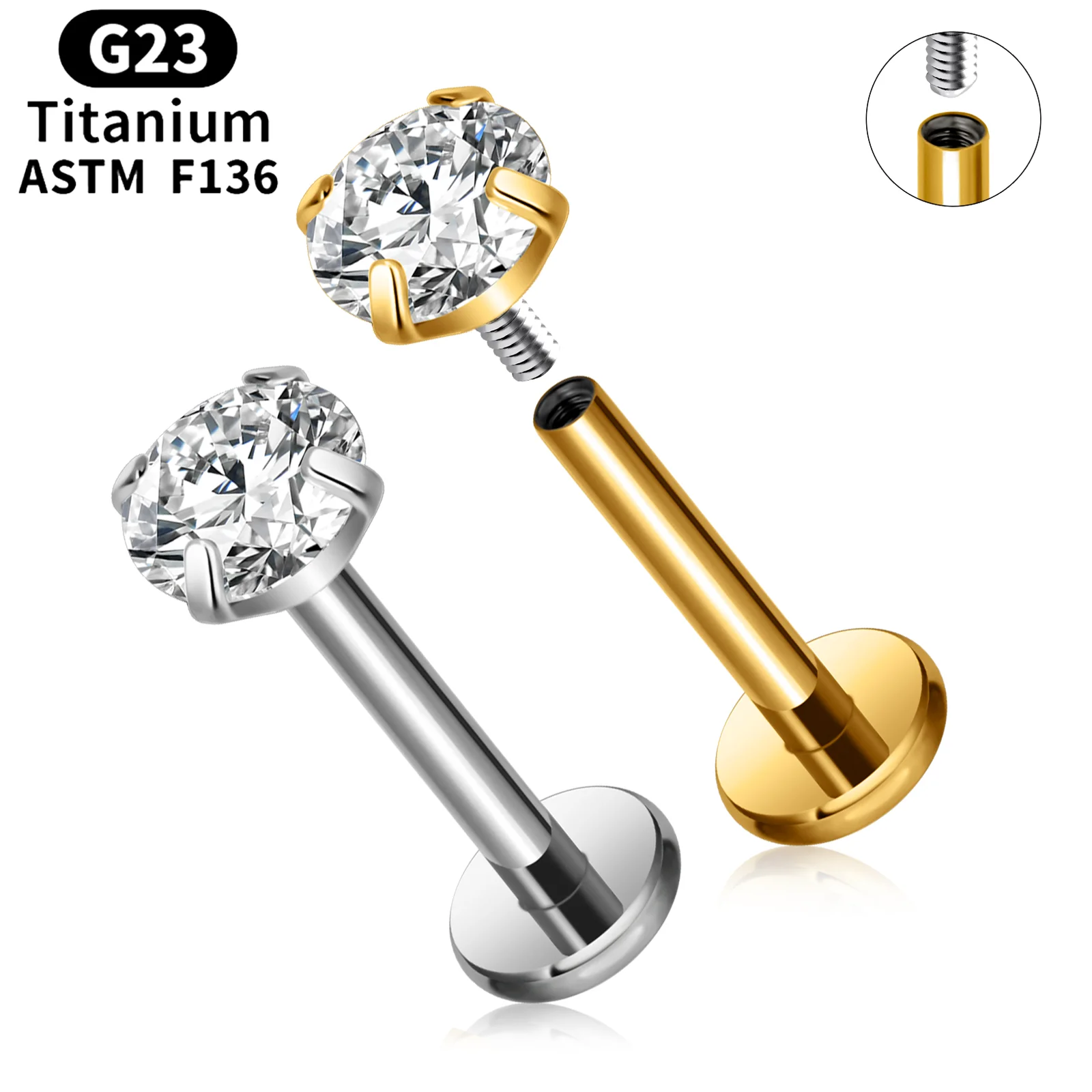 2 Stück Titan 16g Lippe Labret Piercing Kristallkugel Monroe Lippen Ohrstecker Helix Conch Tragus Knorpel Ohrringe 2/3/4mm CZ Körperschmuck