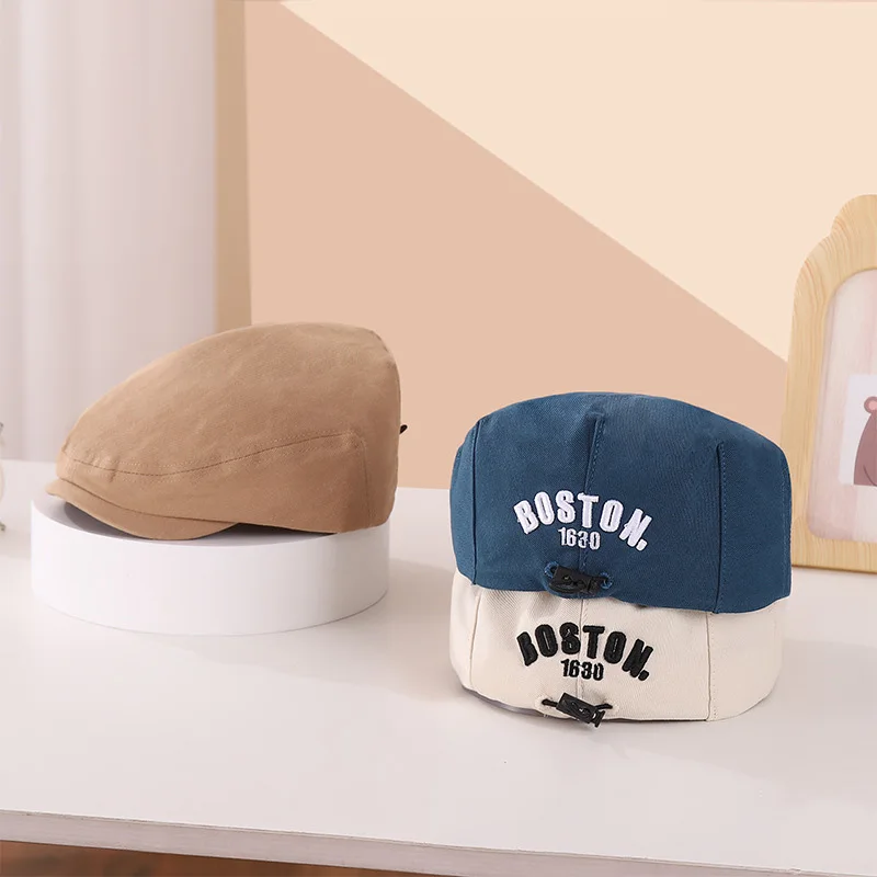 Korean Embroidered Kids Beret Hat Solid Letter Baby Adjustable Drawstring Forward Summer Cotton Children Flat Peaked beret hat woolen beret