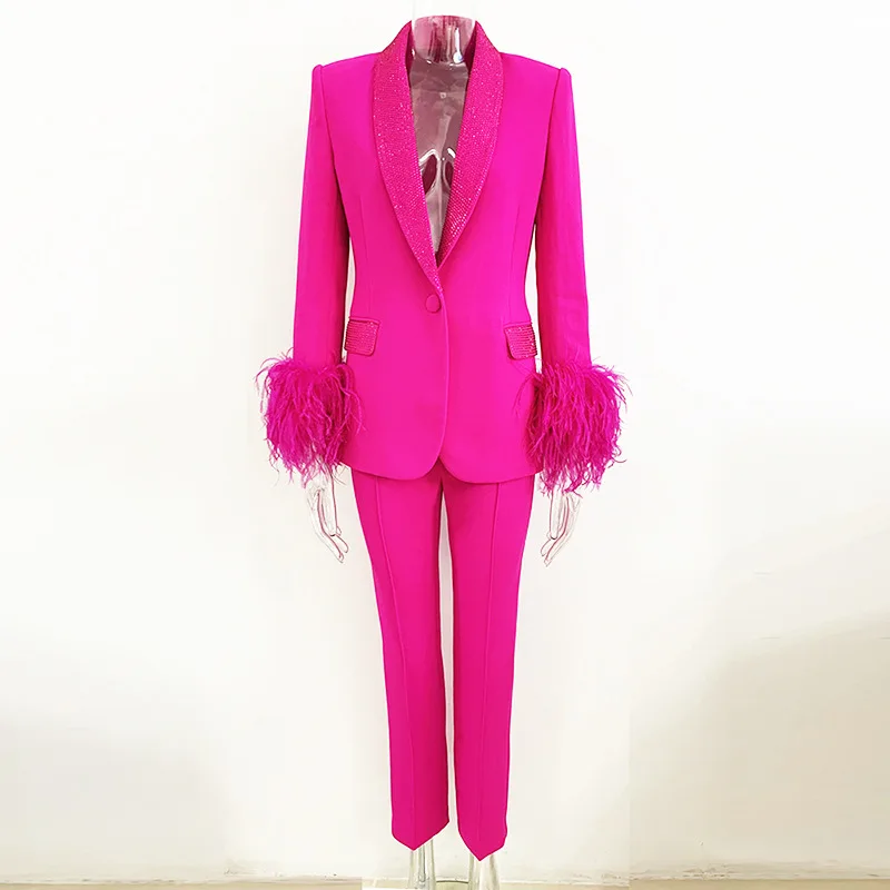 

Hot Pink Pant Suits Ostrich Feather 2023 Fashionable Luxury Real Feather Embellished Diamond Shawl Collar Suit Jacket Set