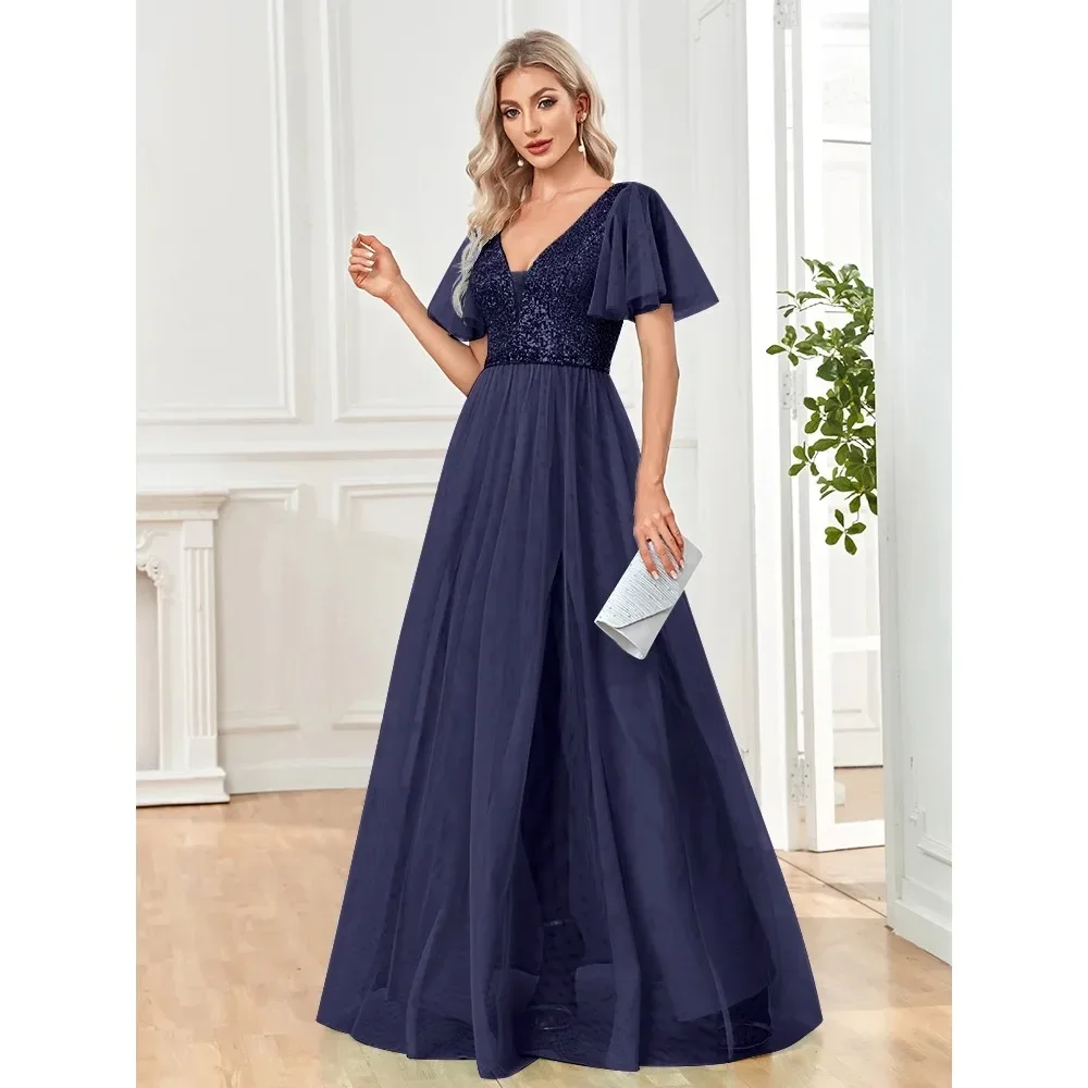 

Wakuta Elegant A Line V Neck Evening Dress Ruffles Chiffon Robe Short Sleeve Formal Wedding Party Dresses vestido de festa luxo