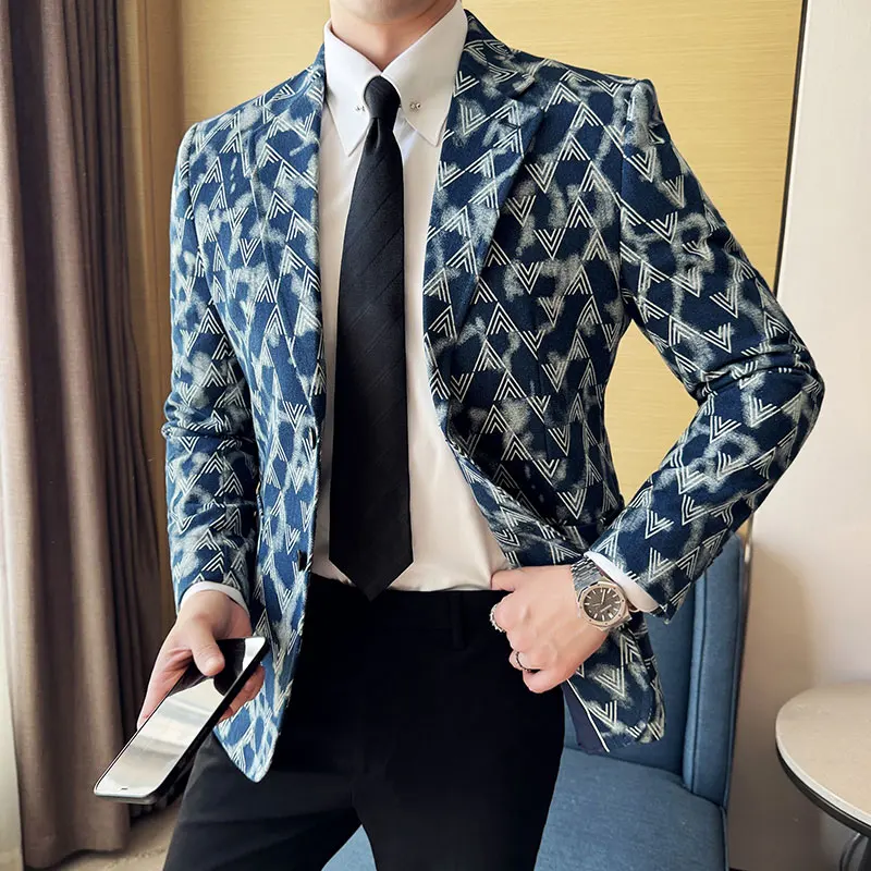 New Men Denim Suit Coats Slim Fit Jacket Black / Blue Fashion Homme Business Casual Printed Dress Blazers