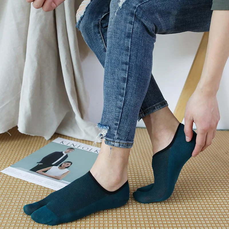 5 Pairs Men Invisible Two Finger Tabi Socks Summer Thin Cotton Mesh Boat Sock Sweat-absorbing Breathable Slipper Socks with Toes