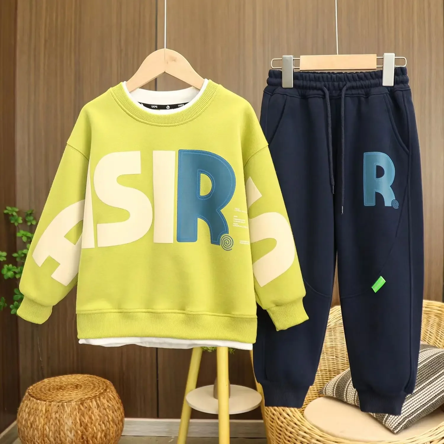 

2023 Spring Autumn Teen Boys' Sport Causal Sets Two Pieces Long Sleeve Top Loose Cuffed Pants Letter Print O-Neck Pullover 5-14