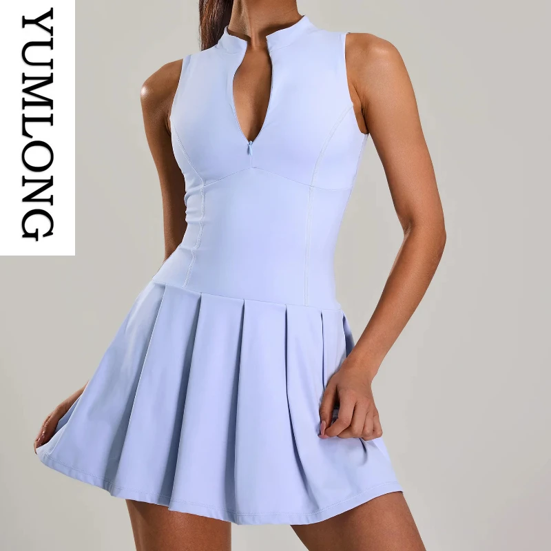 Women Sleeveless Zipper Tennis Dress Waist-Cinching Push-Up Sportswear Built-in Shorts Fitness Athletic Skirt Mujer Apparel