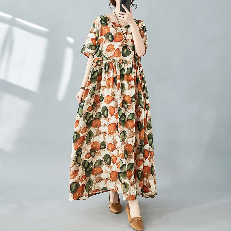 

NYFS 2024 Summer New Womens Dresses Vestidos Robe Ete Femme Elbise Cotton Linen Short Sleeve Loose Bohemia Print Long Dress