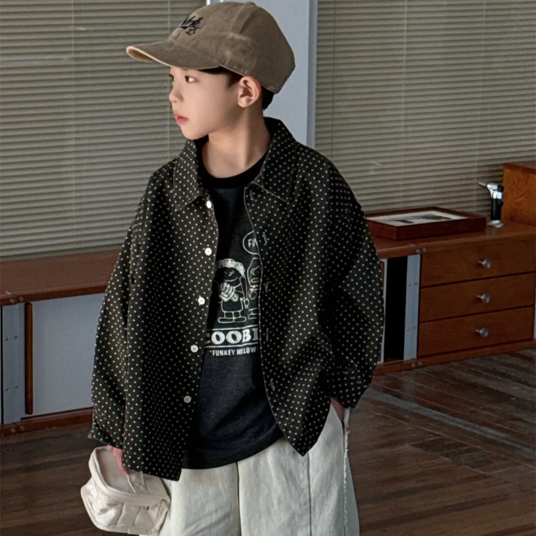 Loose Polka Dot Children's Shirt for Boys Spring Korean Style Cheese And Cat Clothing Brand Unisex Kids Outerwear