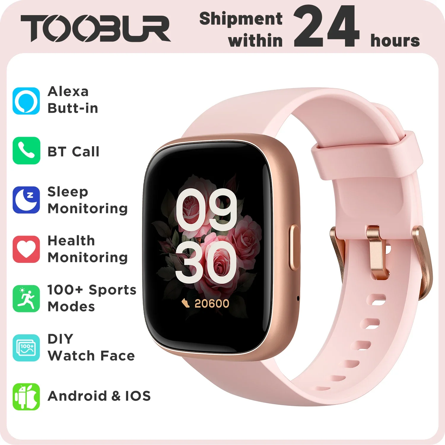 Alexa Built-in TOOBUR Smart Watch Heart Rate Monitor Sleep Tracker Pedometer IP68 Waterproof Smartwatch Compatible Android iOS 1