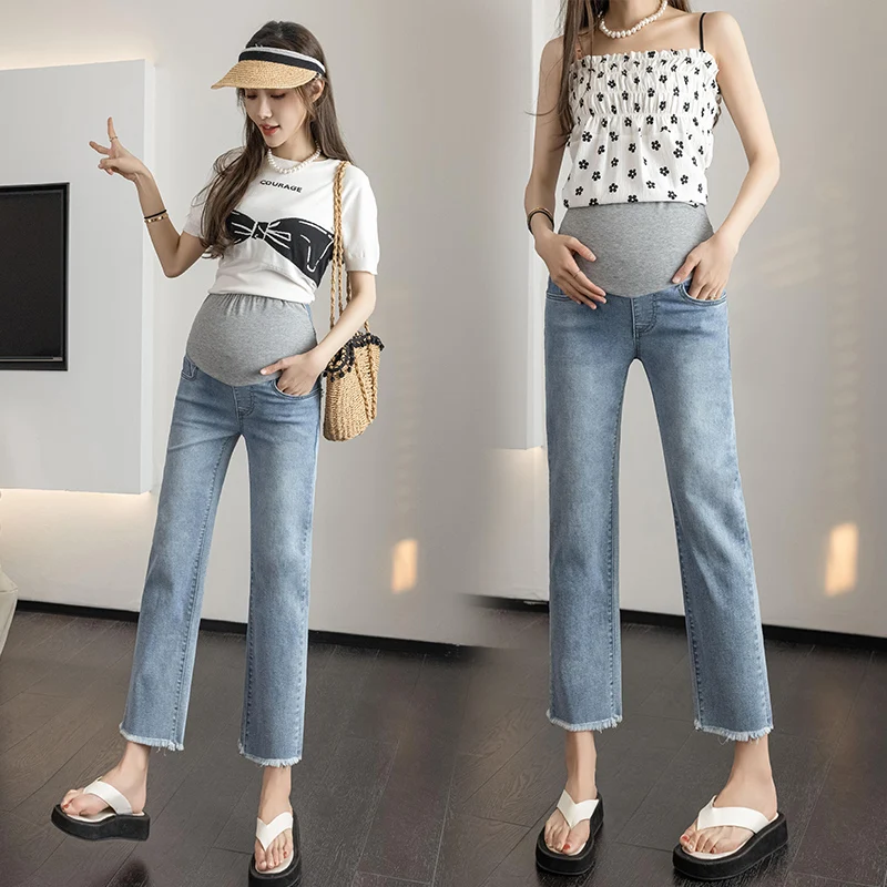 

Эластичные джинсы для беременных, длина, осень, новинка, модные прямые брюки для живота, Одежда для беременных женщин, повседневная одежда для беременных