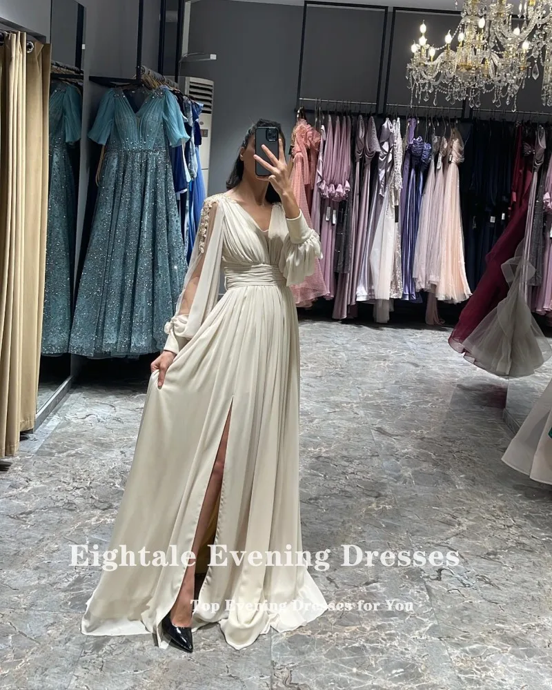 Eightale Grass Green Prom Dresses V-Neck Long Puffy Sleeves Beaded Chiffon Evening Gown for Wedding Arabic Celebrity Party
