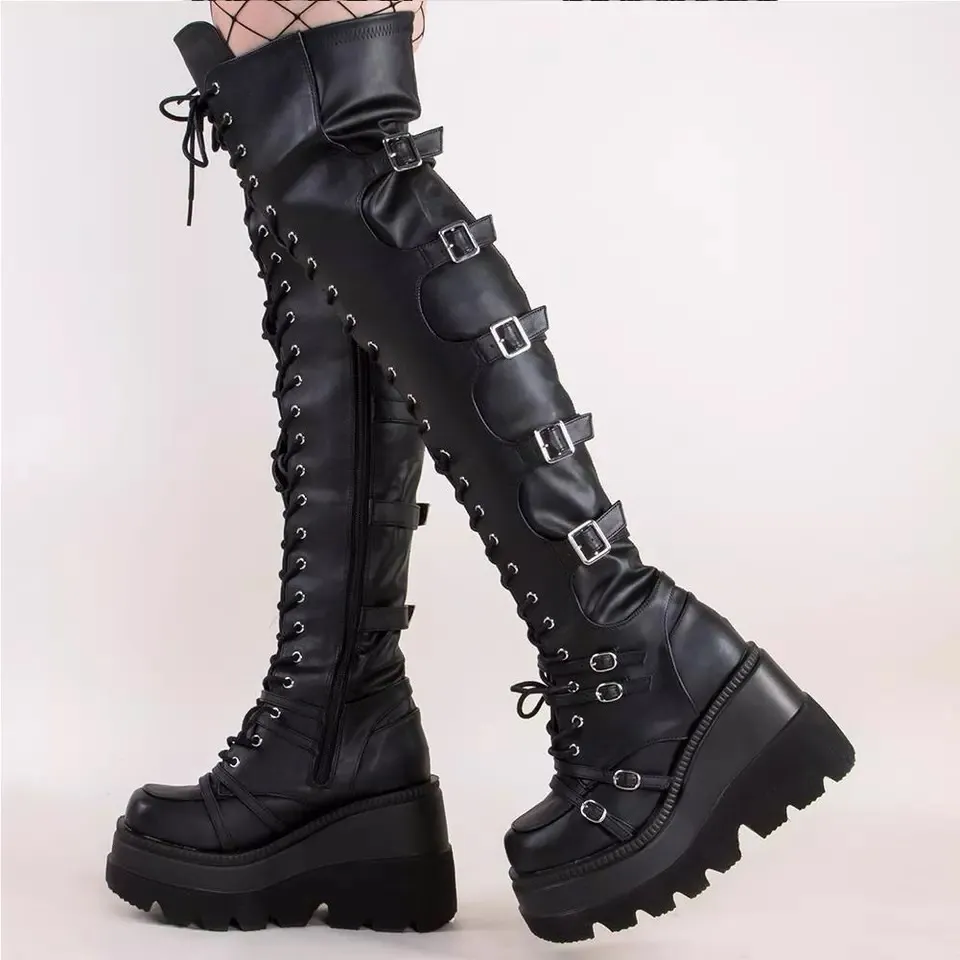 Gothic-Thigh-High-Boots-Women-Platform-Wedges-Motorcycle-Boot-Over-The ...