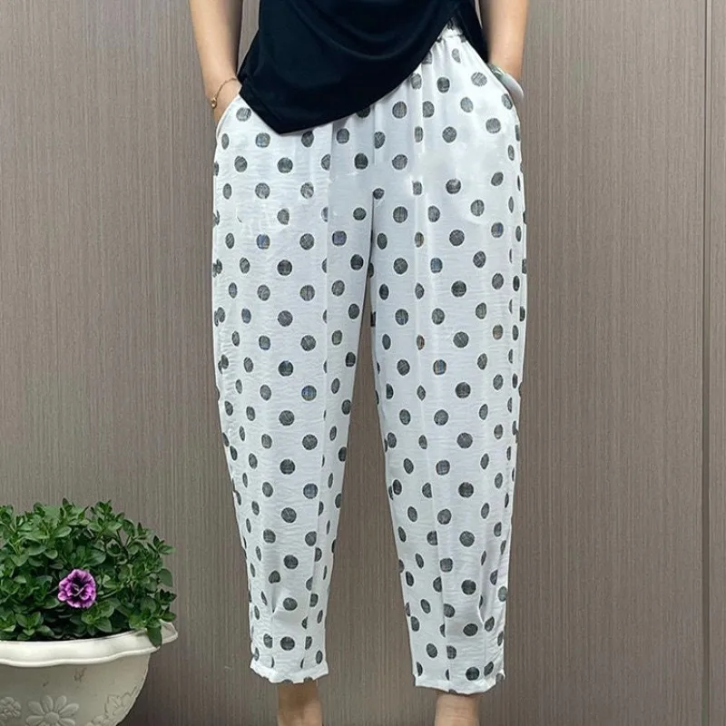 Summer Women's 2024 Spliced Loose High Waist Elastic Pocket Polka Dot Folds Fashion Slimming Tian Si Ma Casual Harlan Pants