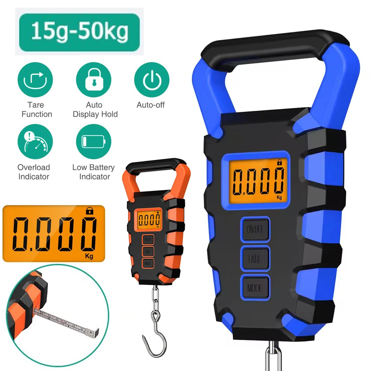 Règle de pêche numérique 50 kg, balance de pêche postale suspendue à un hameçon, balance à bagages étanche 50 kg (110 lb) avec ruban de mesure_voghion.com