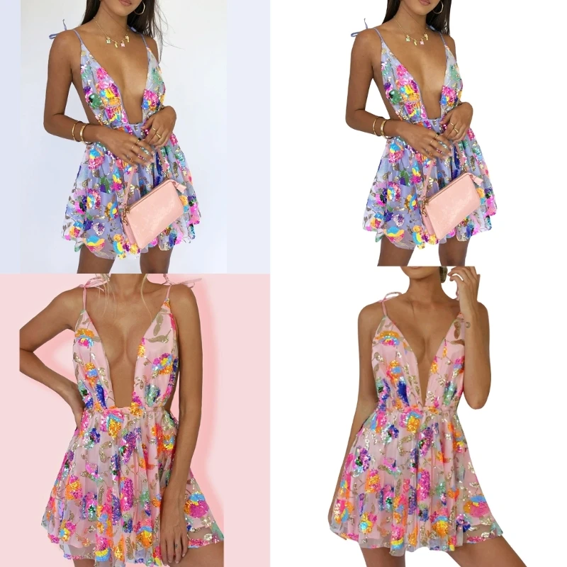 

Sleeveless Sling Cocktail Dress Women Sequins V-neck Dresses