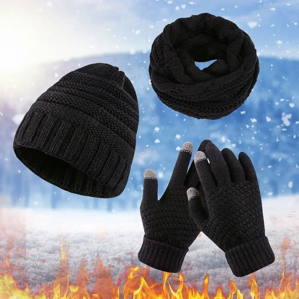

3 In 1 Hat Scarf Gloves Set Gift Winter Warm Knitted Beanie Cap Touch Screen Gloves Winter