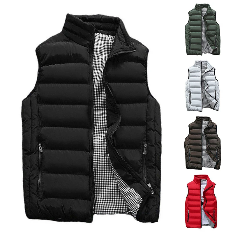 

2023 Winter Men's Cotton Vest Camisole Solid Color Loose Vest Sleeveless Standing Collar Fashion Casual Zipper Male Coat Outside