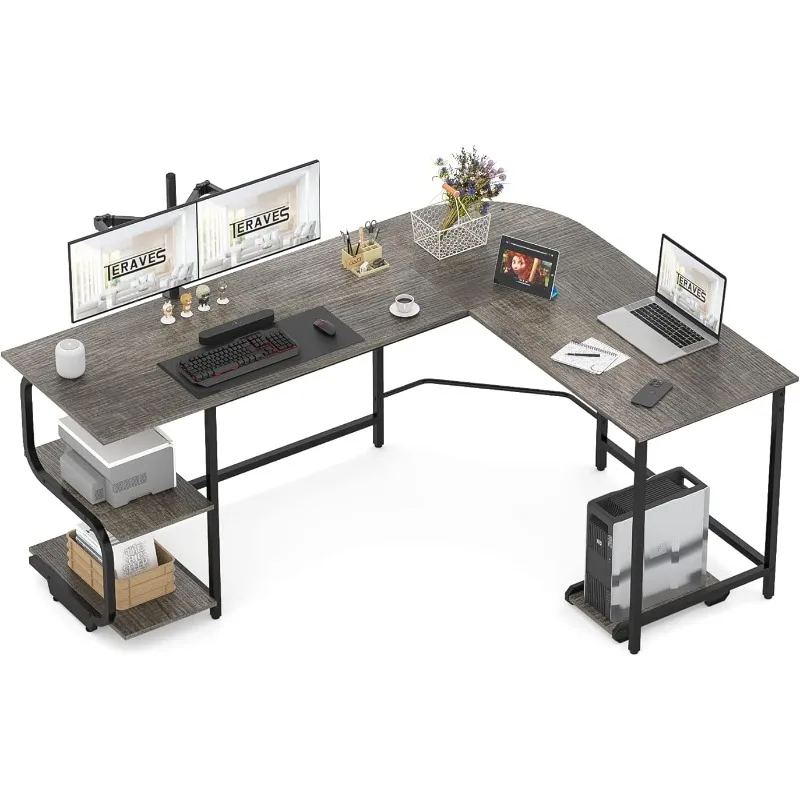 

Reversible L Shaped Desk with Large Surface, 69 Inch Sturdy Corner Desk with Storage Shelves, Premium Office Computer