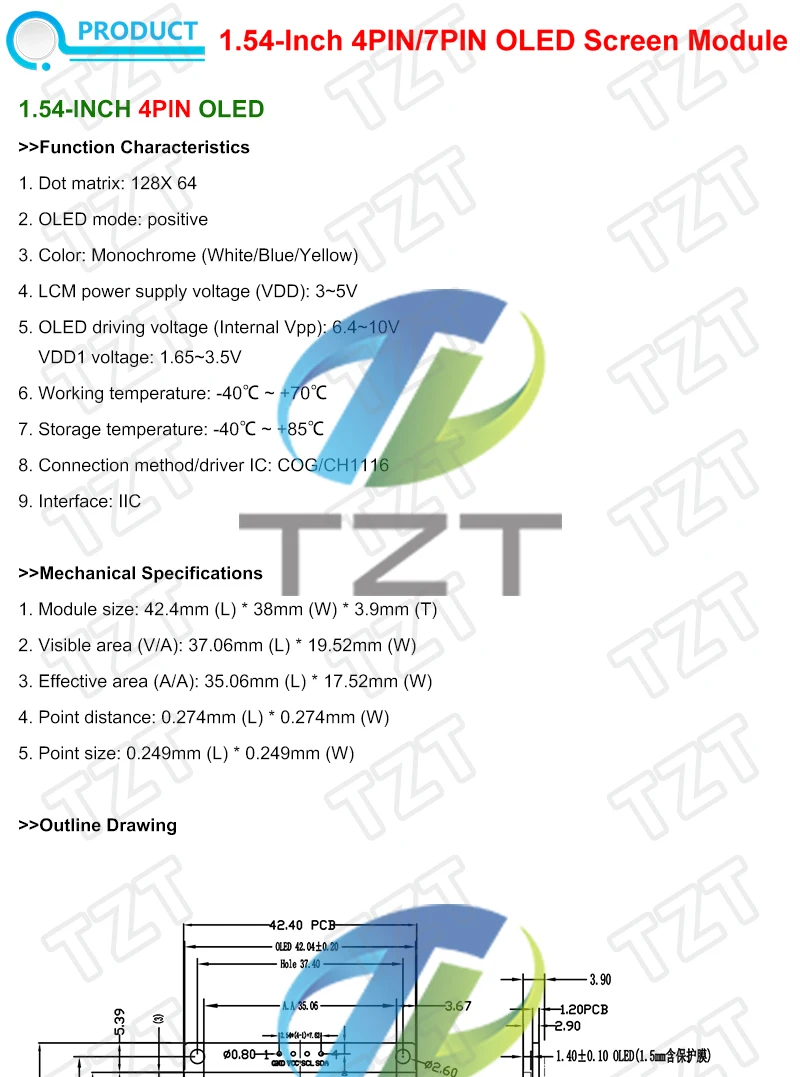 1,54 Zoll 4PIN 7PIN Weiß Blau Gelb OLED-Bildschirmmodul TZT CH1116 Treiber Kompatibel mit SSD1306 SPI-Schnittstelle 128*64 – Detail 1