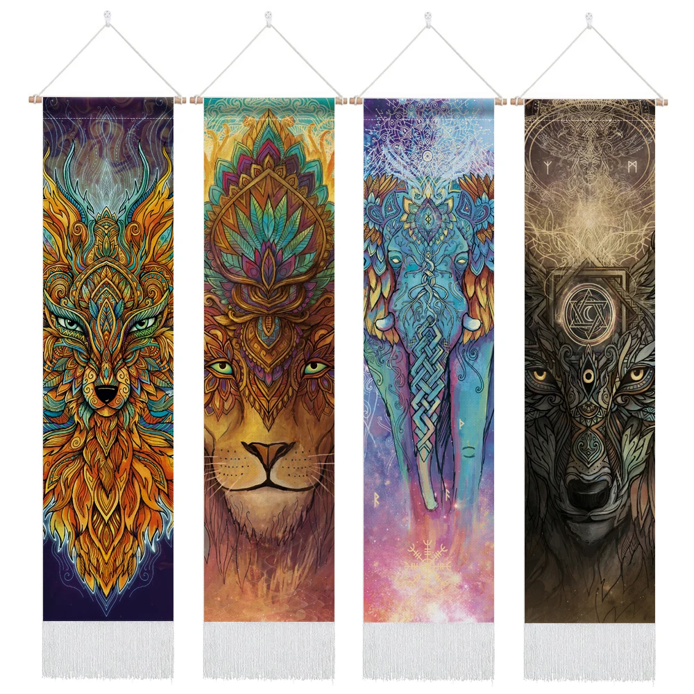 

Elephant spirit Tapestry Wall Hanging Wolf spirit Tapestry Lion spirit Tapestries with Tassel for Home Decor 12.8x 51.2 Inch