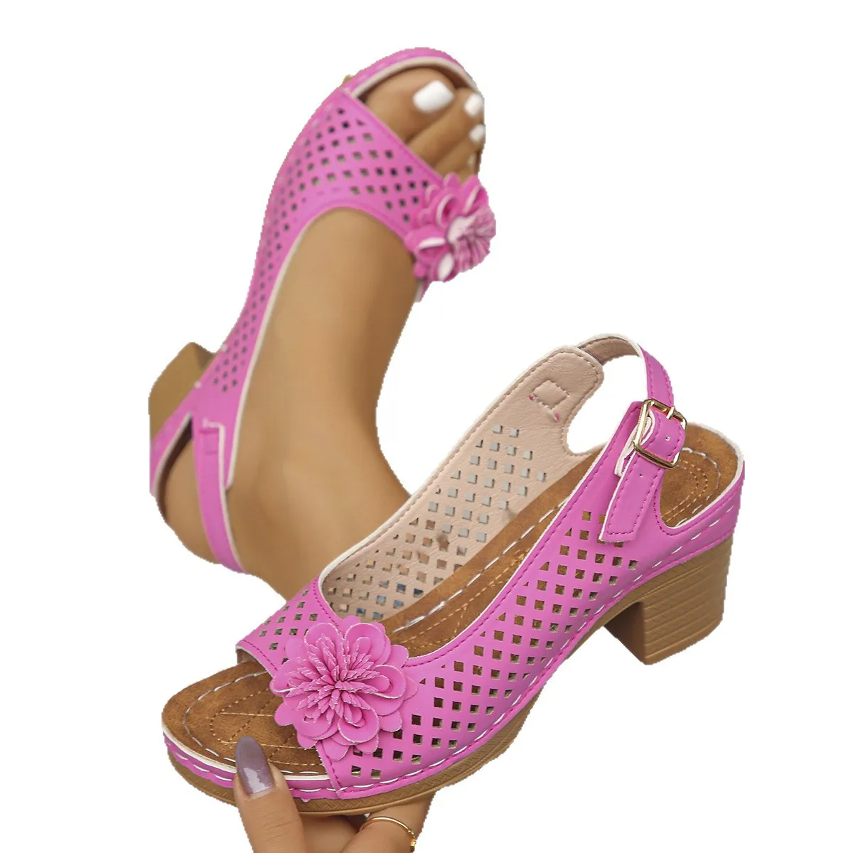 Women's Chunky Heel Sandals Summer 2025 Fashion Flower Hollow Beach Shoes Lightweight High Heeled Casual Sandals for Women