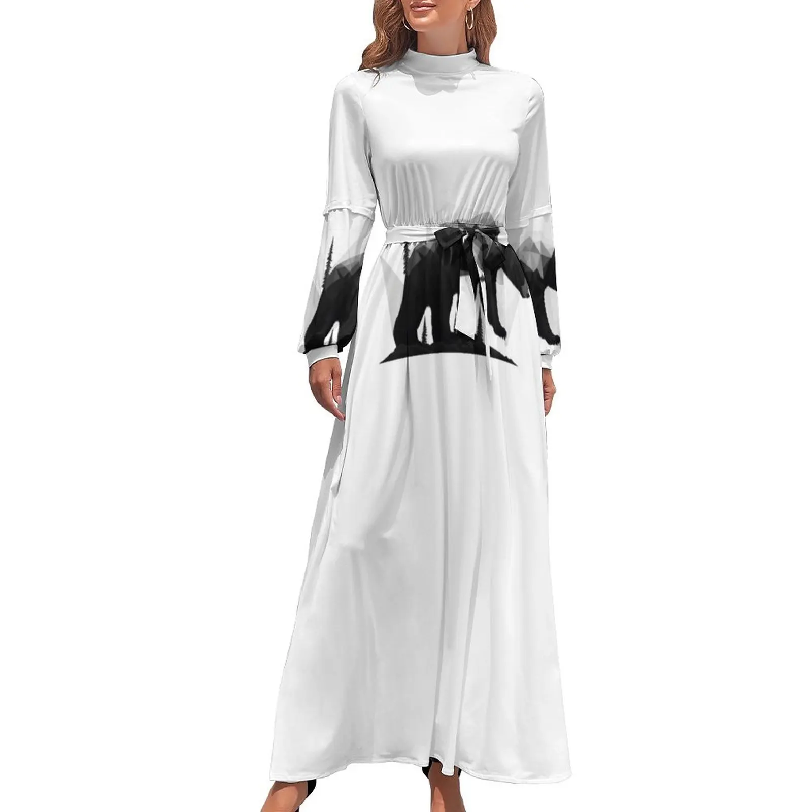 Oso Ilustrado - Vestido Largo de Oso Blanco y Negro Vestido morado de moda para mujer Vestido elegante para invitada de boda Vestidos largos con velo