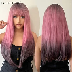 LOUIS FERRE Black Pink Ombre Synthetic Wigs for Daily Long Straight Cosplay Wigs with Bangs for Women Heat Resistant Fake Hair