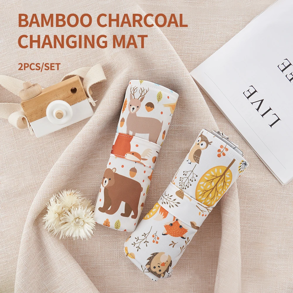 Diaper Changing Pad Diaper Changing Mat 2PCS Animal Print Washable Changing Mat Bamboo Charcoal Inner Portable Nappy Pad For Baby