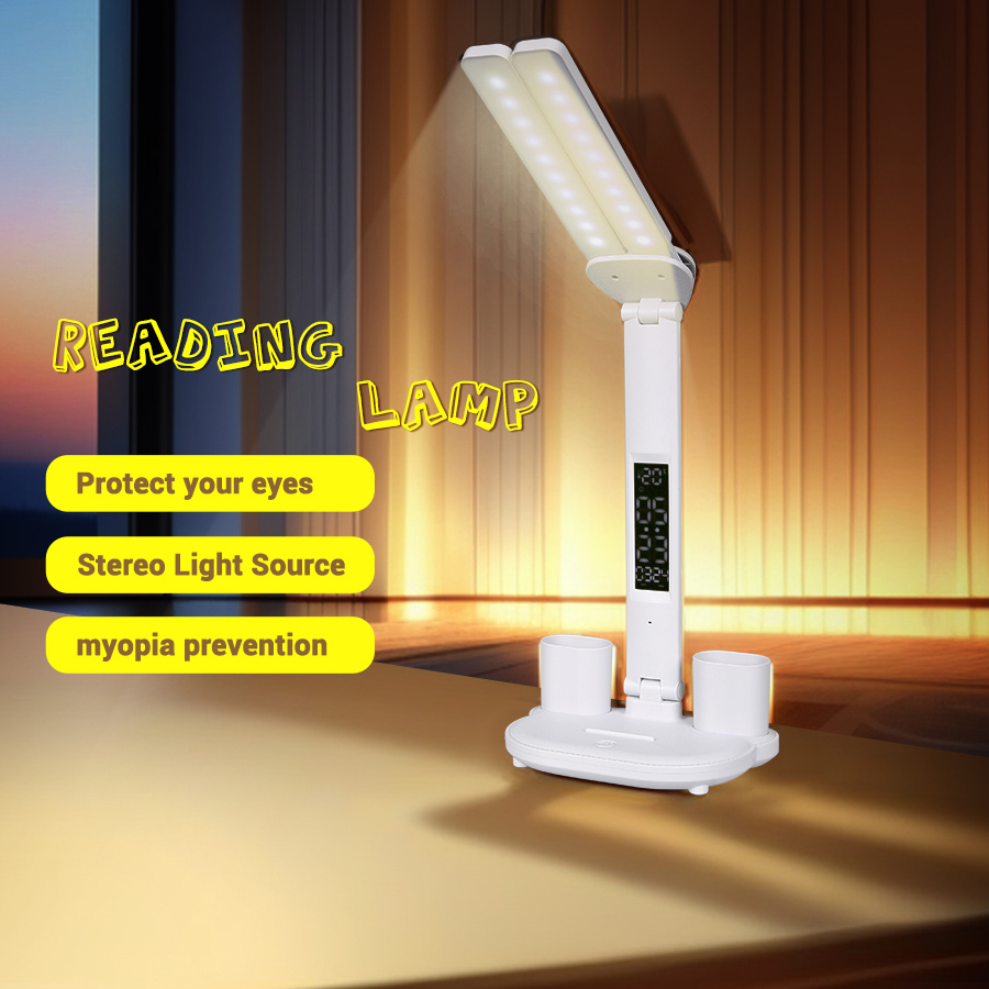 LED Clock Table Lamp Type-c Chargeable Dimmable Desk Lamps 180°Rotate Foldable Eye Protection Desktop Reading Night Lights