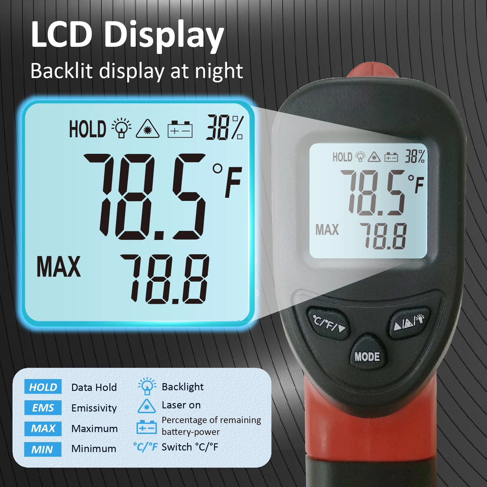 Infrared Temperature Meter Digital Thermometer Non-contact industrial Infrared Laser LCD Color Screen Kitchen Thermometer Temperature Gun Tester-50-380