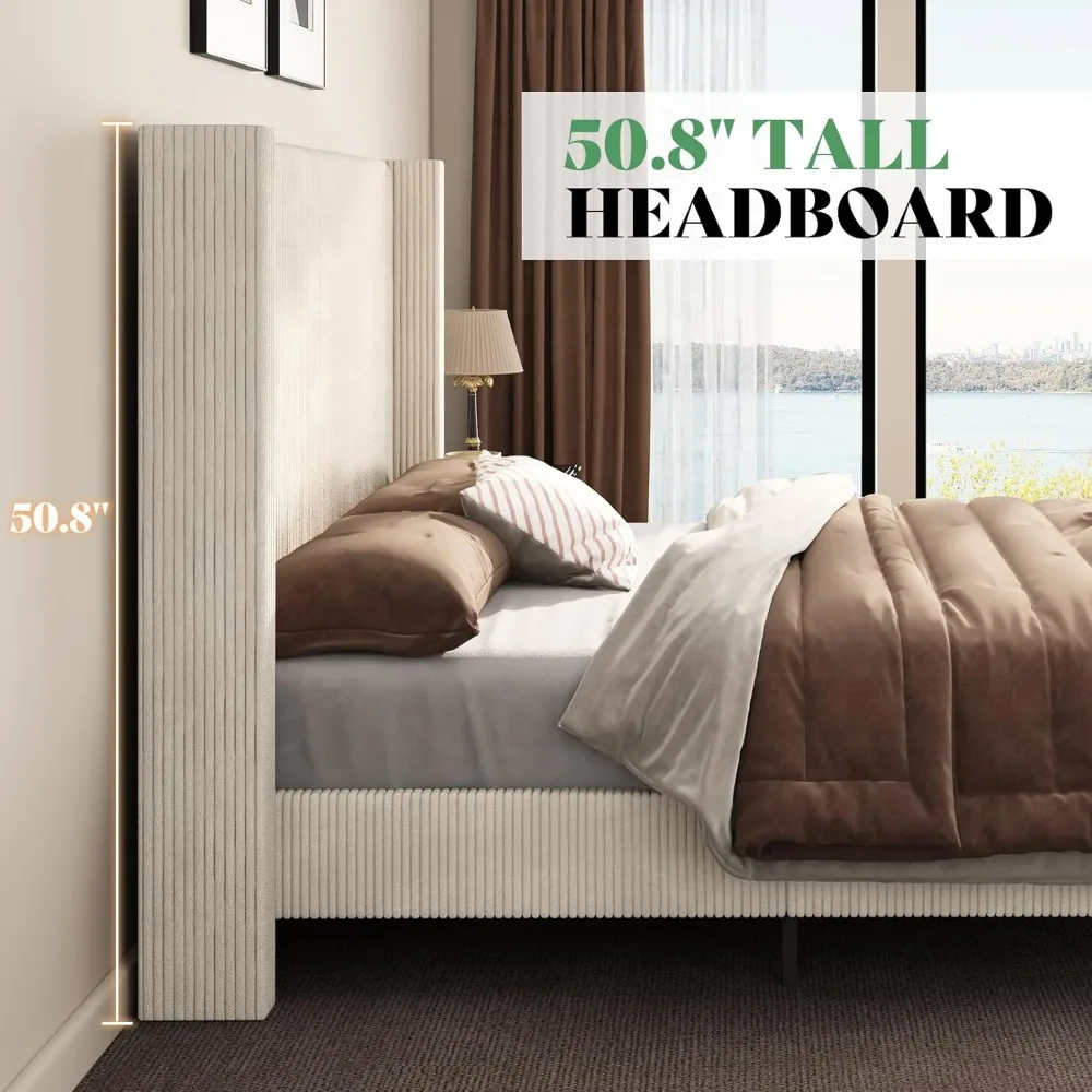 Queen Size Upholstered Bed Frame with 50.8" Tall Headboard, Wingback Platform Beds with Solid Wood Legs, Bed Frames 5