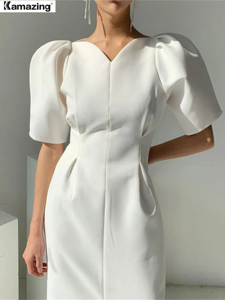 Elegant Women Short Puff Sleeve Summer Dress 2022 Korea Style Office Lady One Piece Slim Waist Female Fashion Clothes Vestdios