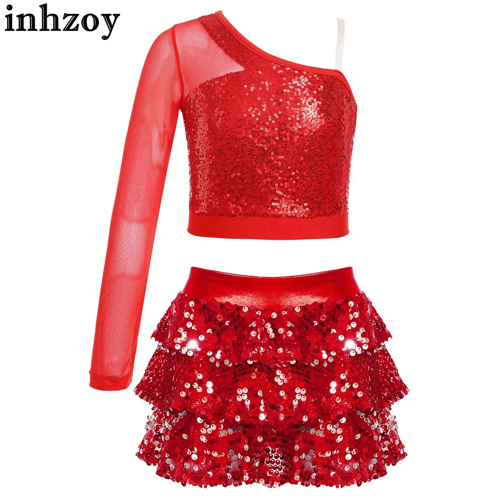 

Kids Girls Jazz Dance Costume Cheerleading Stage Performance Dancewear School Carnival Party Shiny Sequins Crop Top with Skirt
