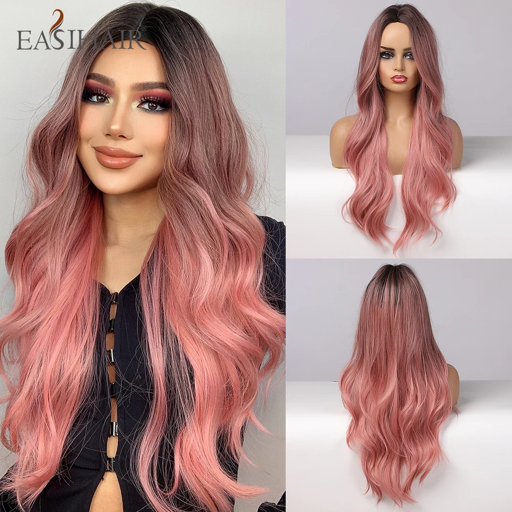 EASIHAIR Long Ombre Pink Synthetic Wigs for Women Middle Part Wavy Cosplay Wigs Natural Hair Wig Heat Resistant Pink Red Wig