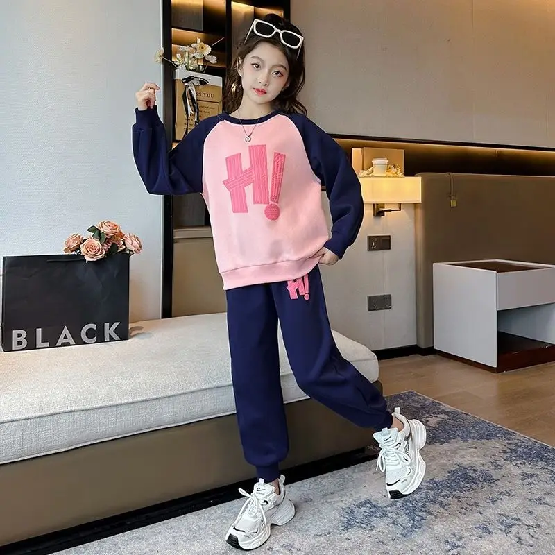 

Grils 2 Piece Outfits Pullover Sweatshirt Pants Sets Kids Tracksuits Children Letter"hi"color Block Casual Clothing Suits