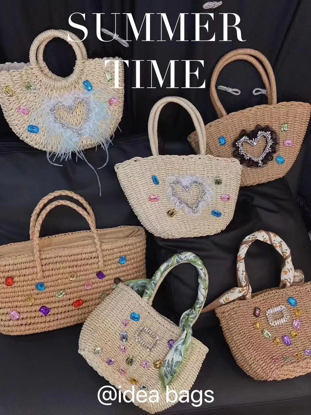 

Summer Women's Handbag Large Capacity Handmade Straw Weave Bucket Bag Shiny Rhinestone Diamond Shoulder Bag Holiday Beach Bag