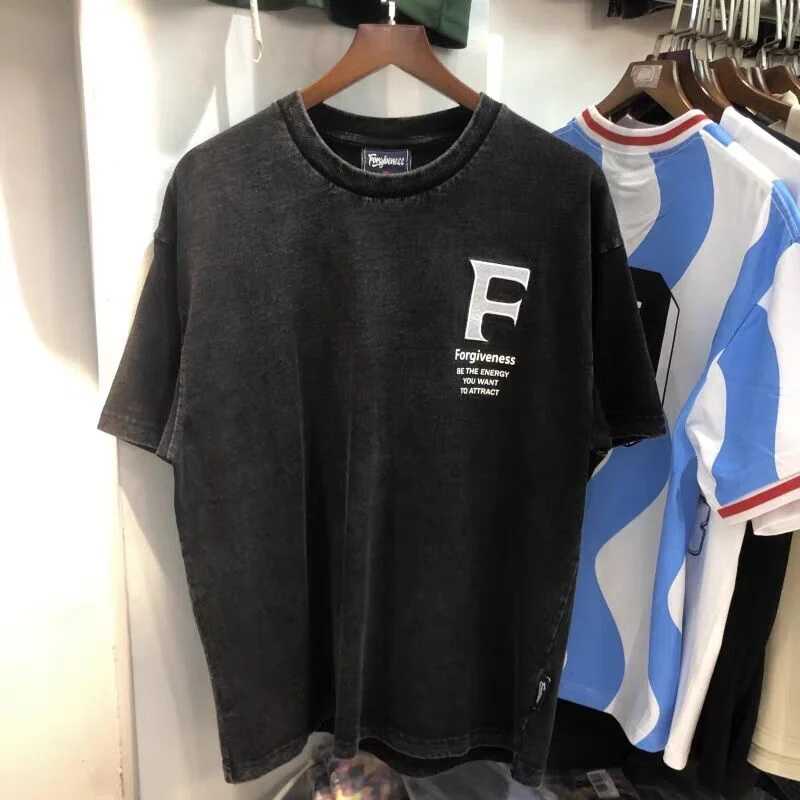 

23SS New Short Sleeve Embroidery Print Wash Old Round Neck Men's And Women's Loose Top T-Shirt Hip Hop