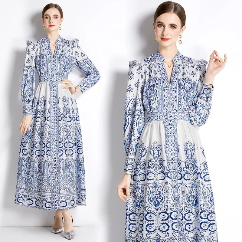 

Blue Class Color Floral Printed Court Style Women Dresses Elegant V-neck Trendy Cascading Ruffles High Waist Party Robe