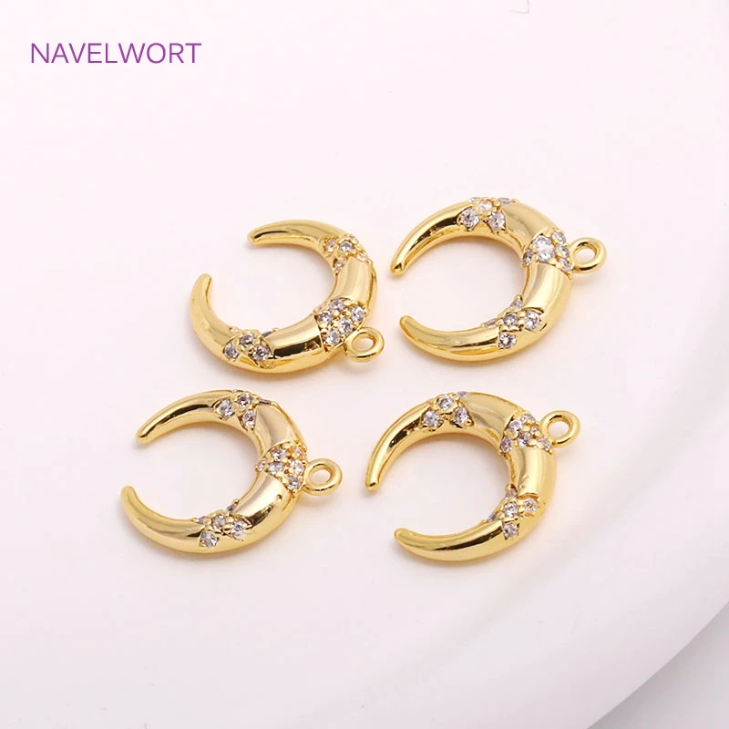 2022 Trendy 14K Gold Plating Inverted Crescent Moon Charm Brass Metal Inlaid Zircon C Shape Pendants For Earring Making Findings
