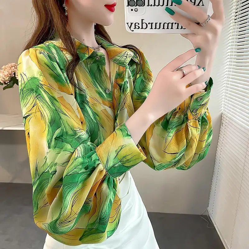 VintageHongKongStylePrintedShirtWomensClothingTurndownCollar