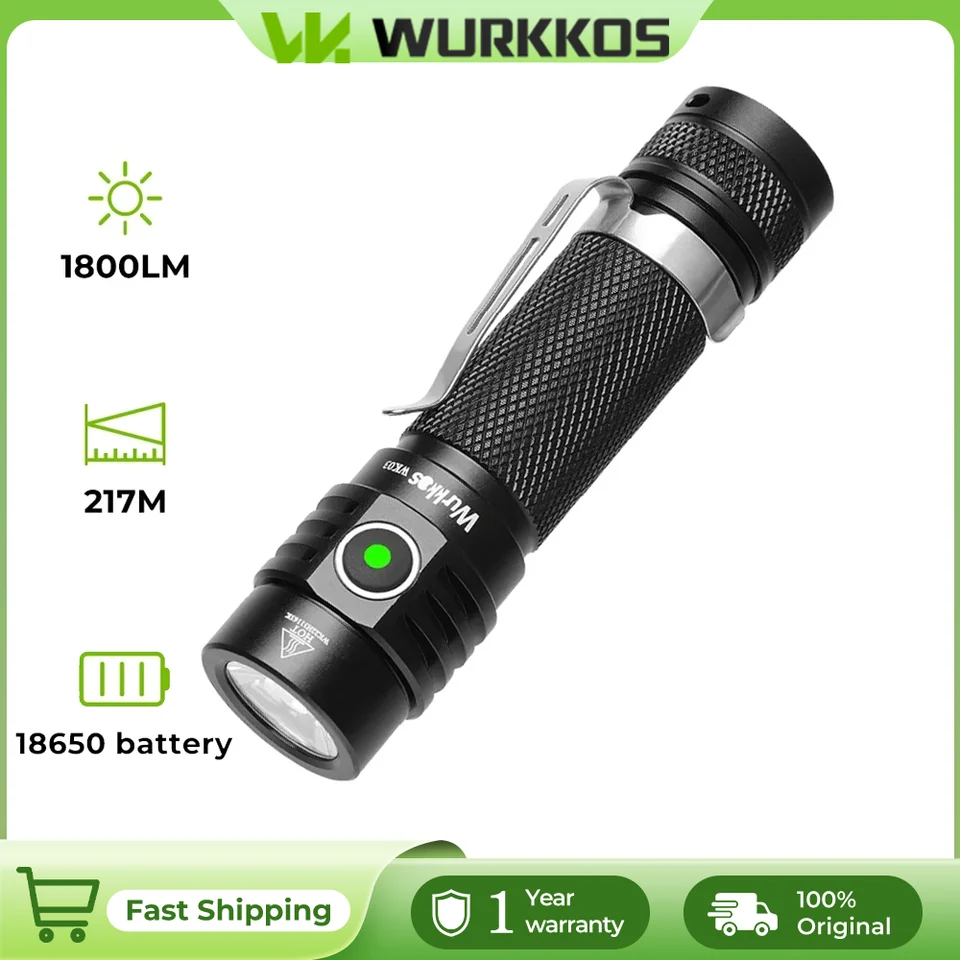 Wurkkos-LED懐中電灯wk03LED,18650トーチ,1800ルーメン,ライト,USB